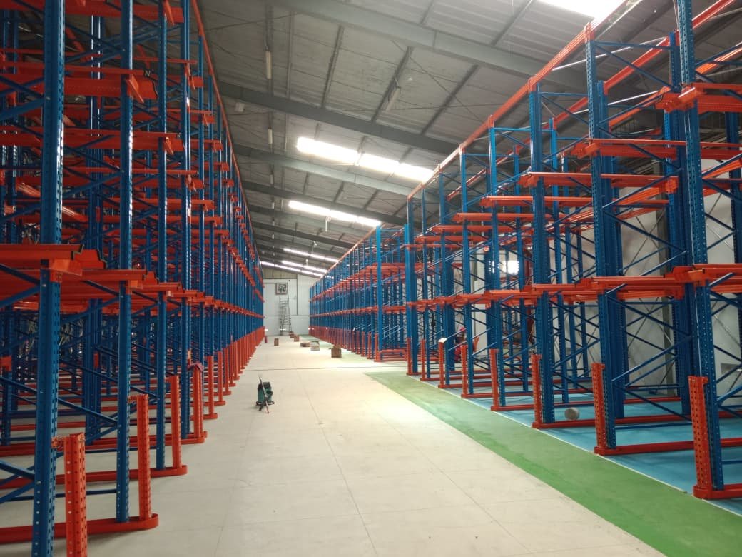Rak drive-in finishing powder coating biru-oranye Perkasa Racking
